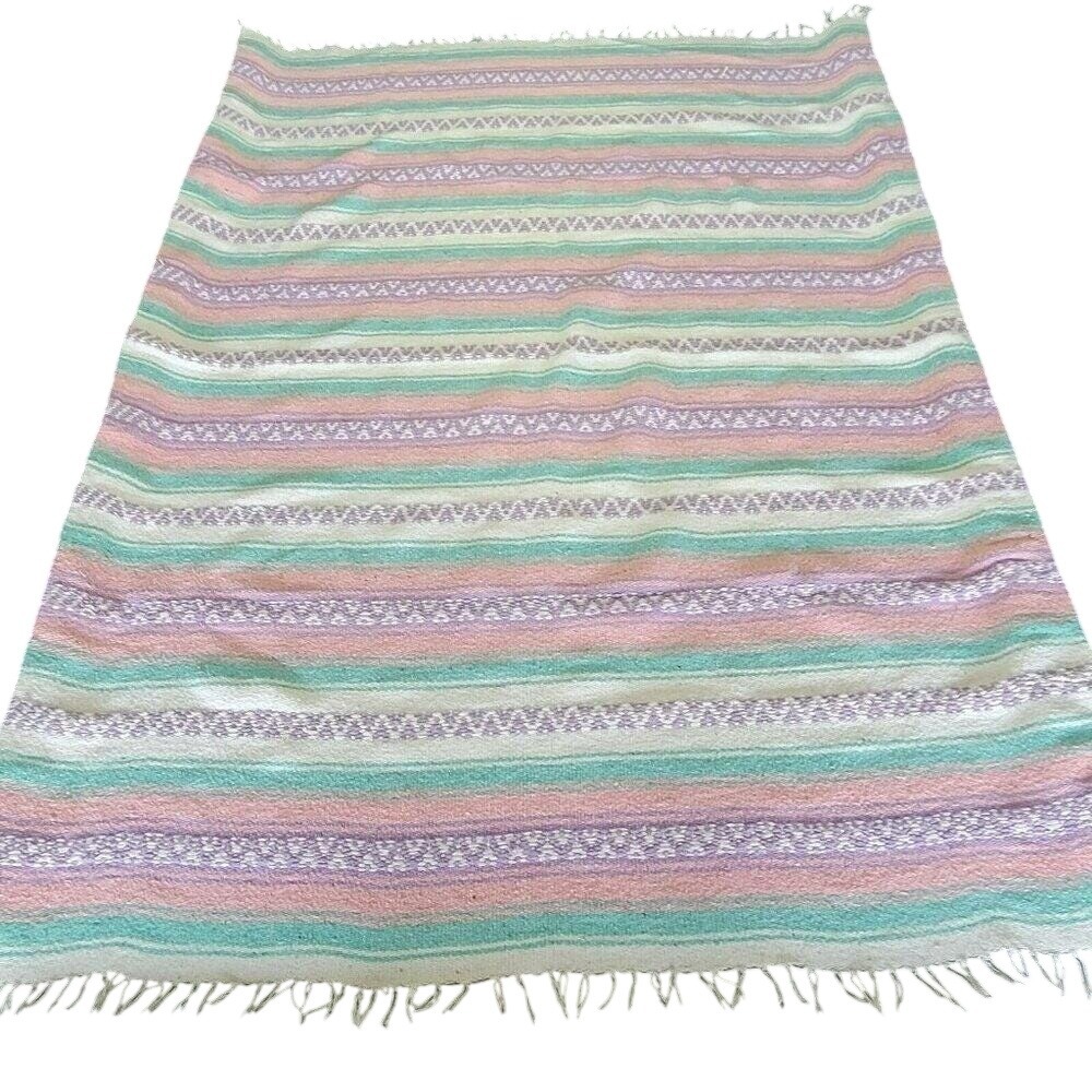 Mexican Falsa Blanket Pastel Pink Mint Green Purple‎ Striped 68x48 Vtg Tapestry
